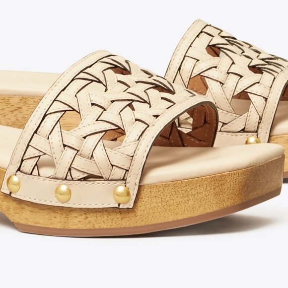 Tory Burch $298 Basket-Weave Clog Sandals New Cream Calf Leather 9 - Picture 7 of 7